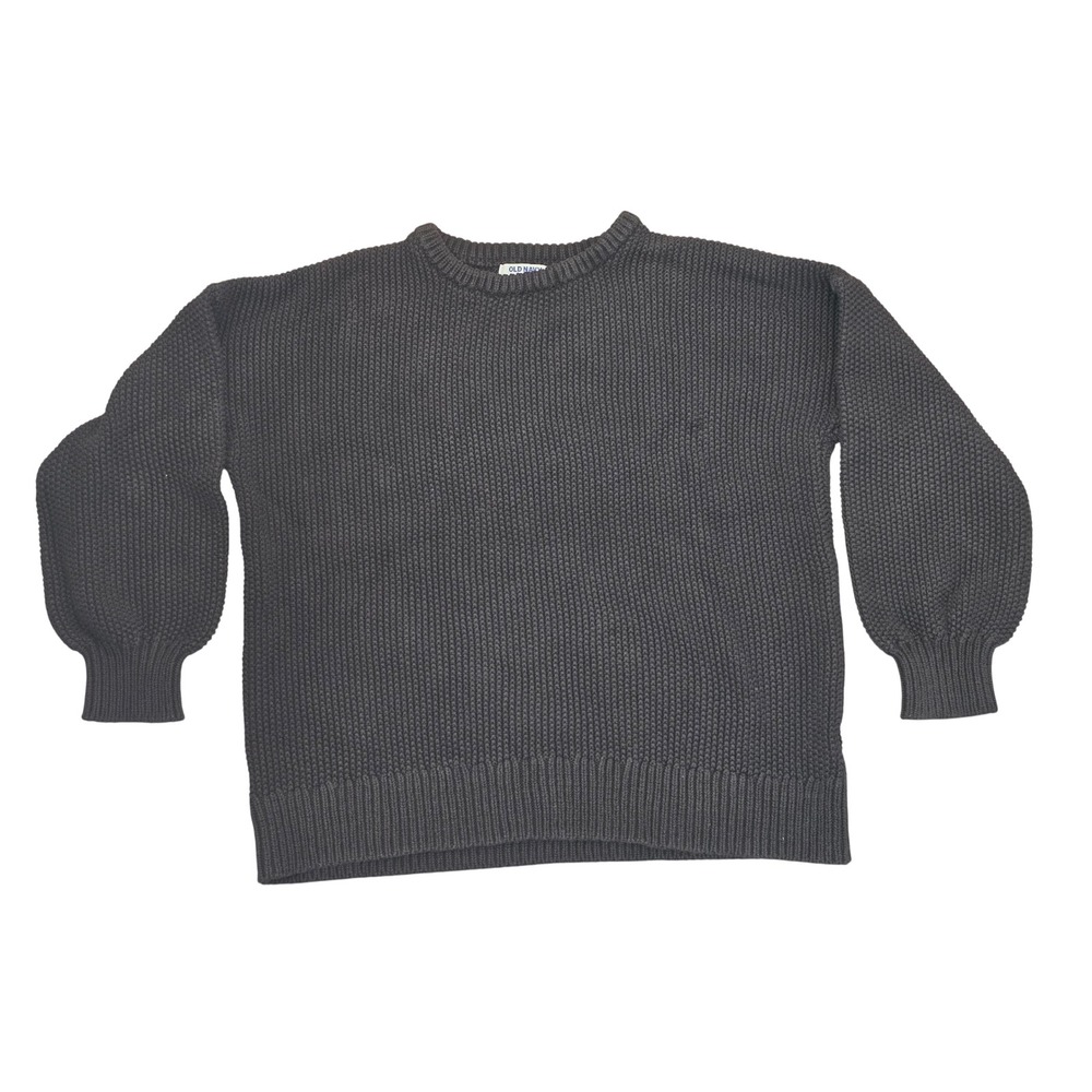Old Navy Womens 100% Cotton Sweater Black Balloon Sleeve Medium shaker-stitch